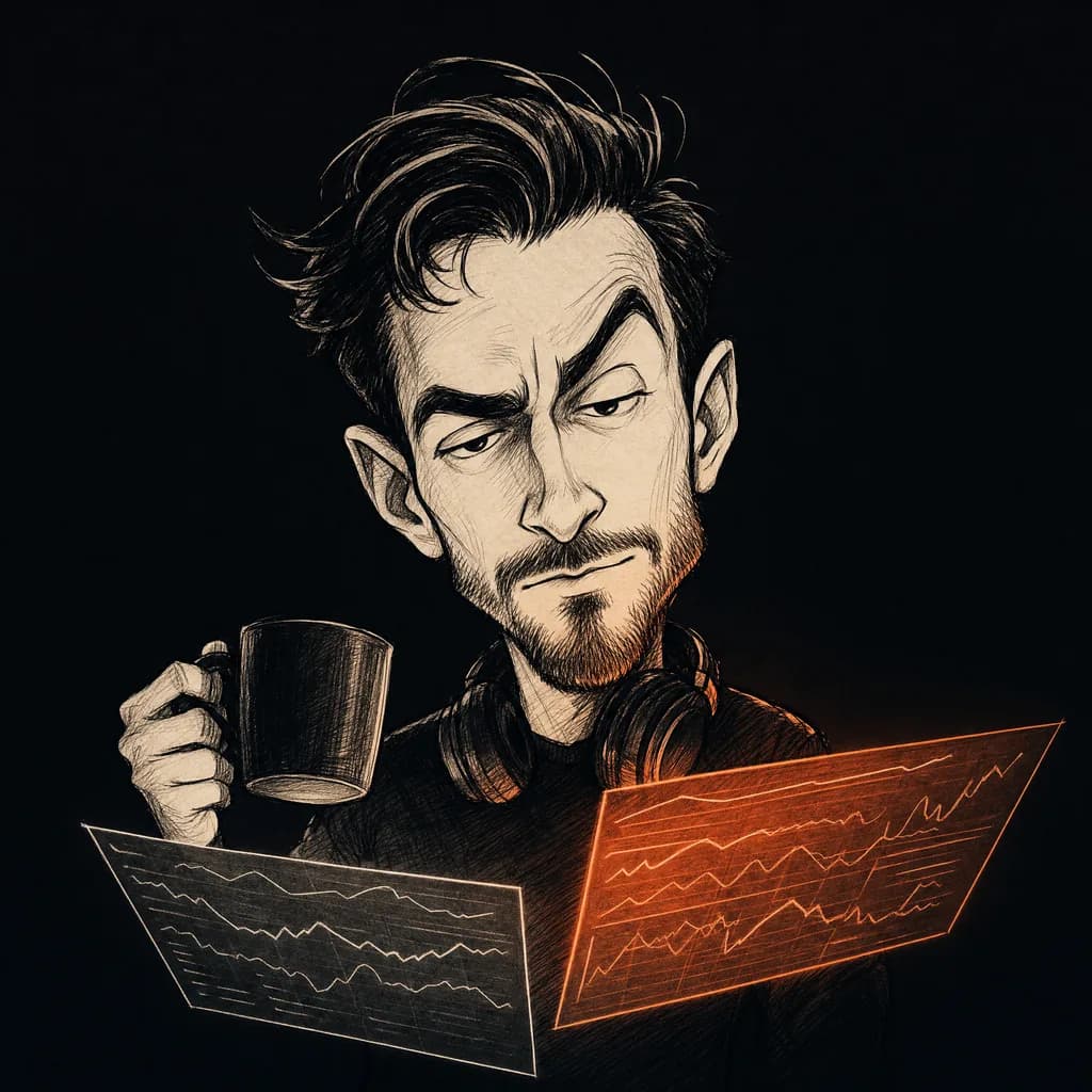 Ink caricature of a media buyer with narrowed eyes lit by floating dashboard panels, coffee mug in hand