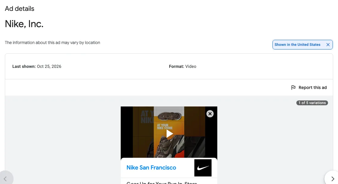 Detail page for a Nike video ad shown in the United States