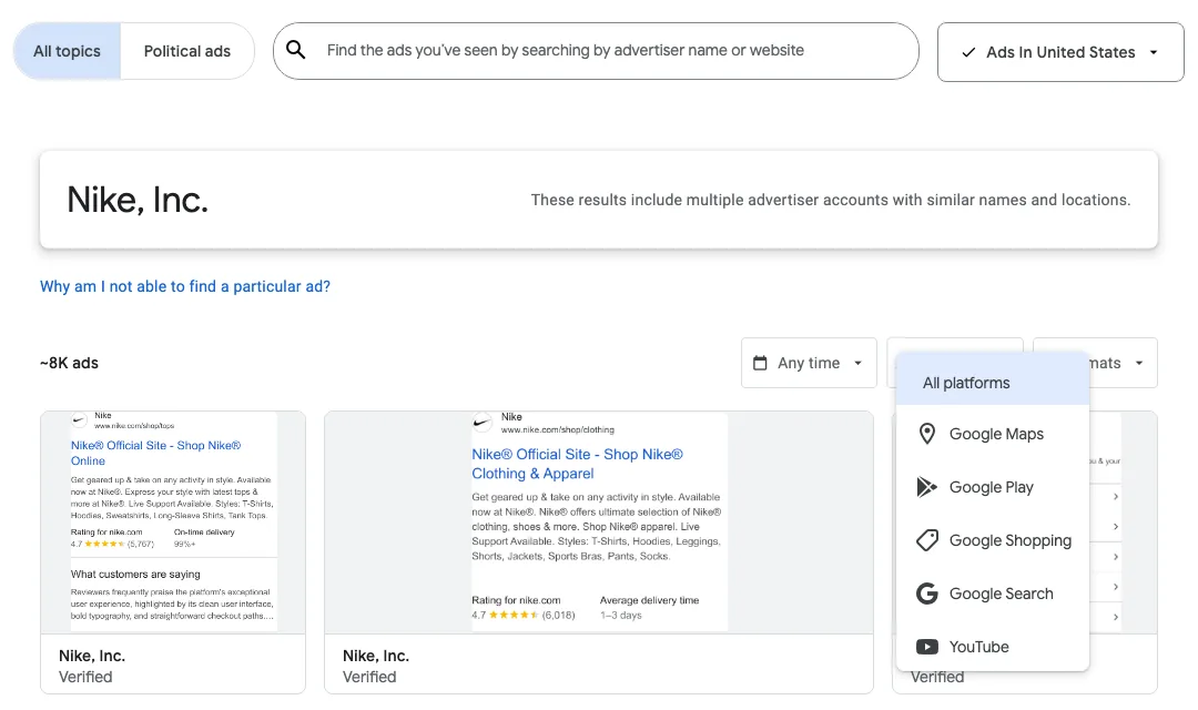 Google Ads Transparency Center results for Nike with the platform filter open