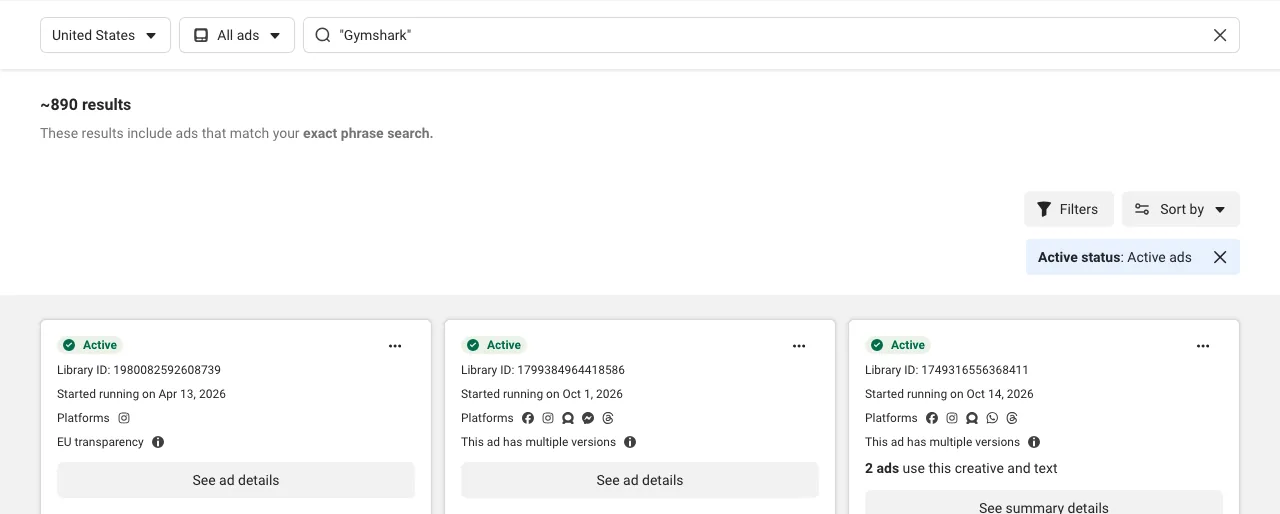 Meta Ad Library search results for Gymshark showing start dates and platforms
