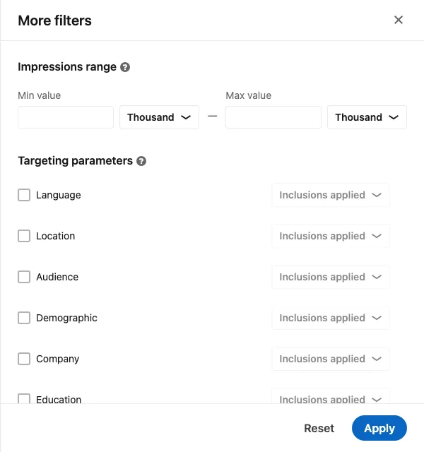 The More filters panel in the LinkedIn Ad Library with impressions range and targeting parameters