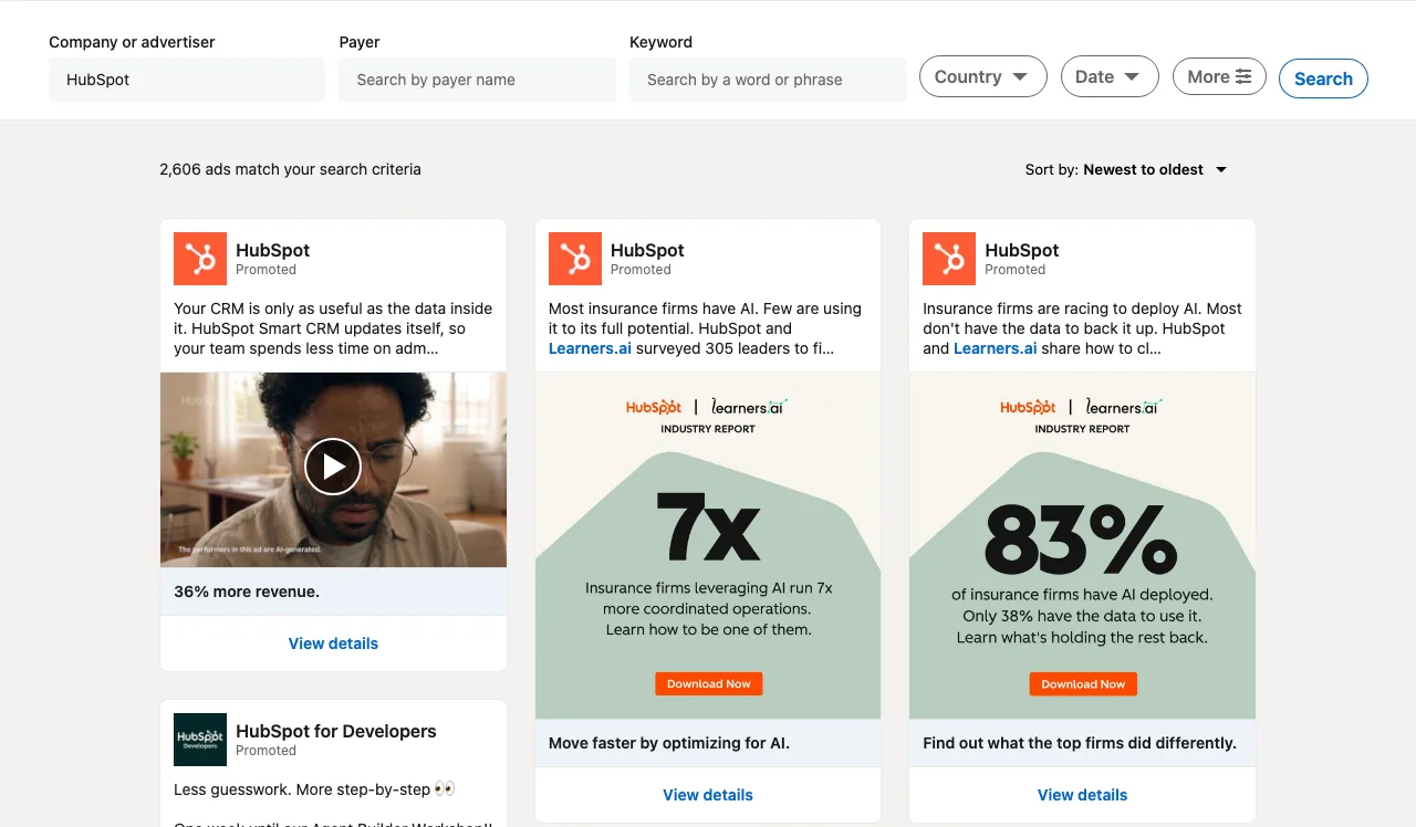 LinkedIn Ad Library search for HubSpot showing 2,606 matching ads