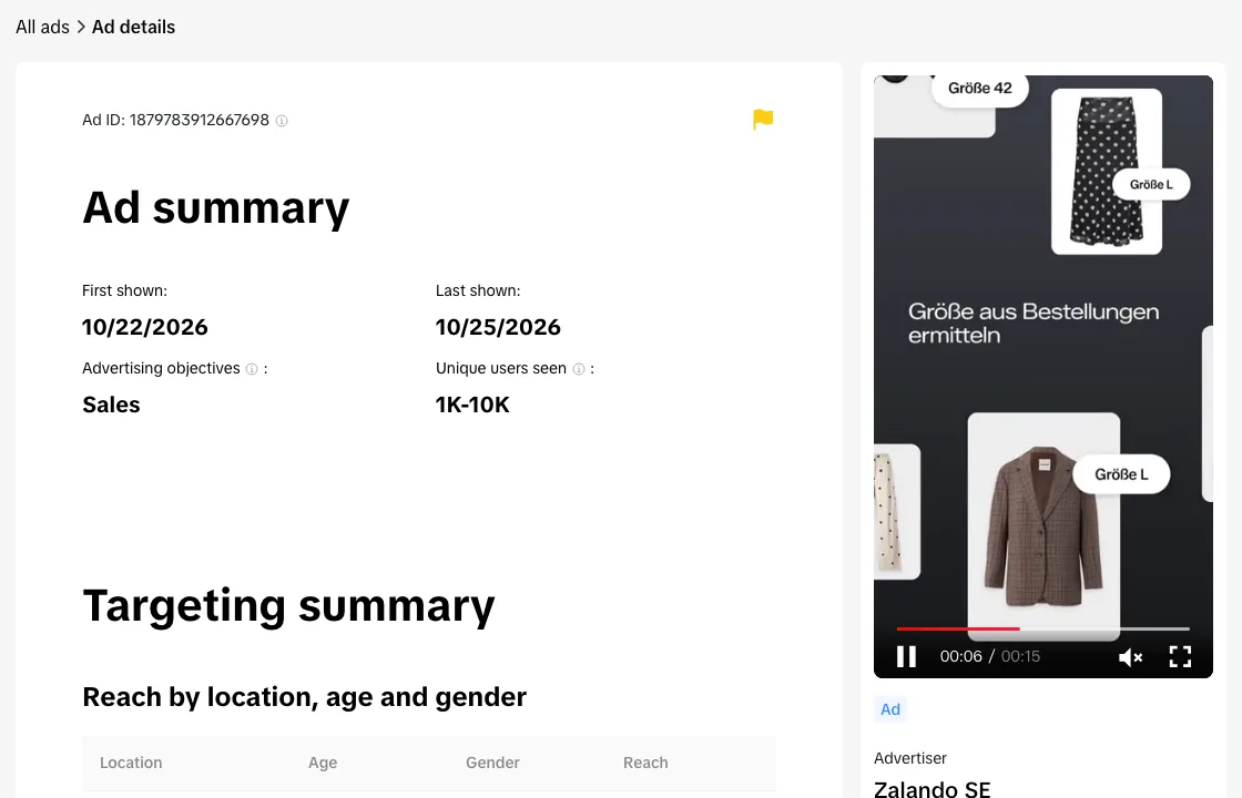 TikTok Ad Library detail page for a Zalando ad with first shown, last shown, objective and unique users seen