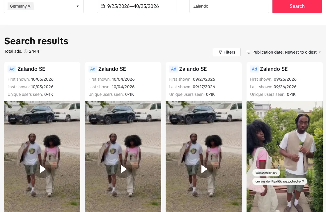 TikTok Ad Library search results for Zalando in Germany