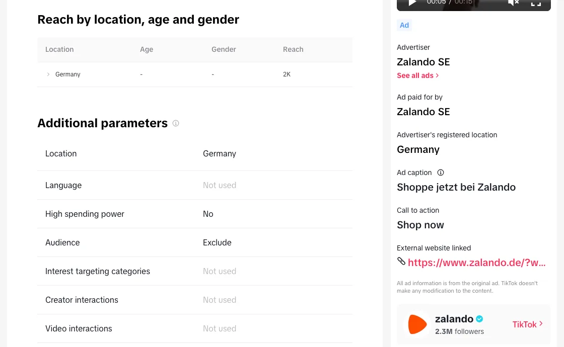 Targeting summary and advertiser details for a Zalando ad in the TikTok Ad Library
